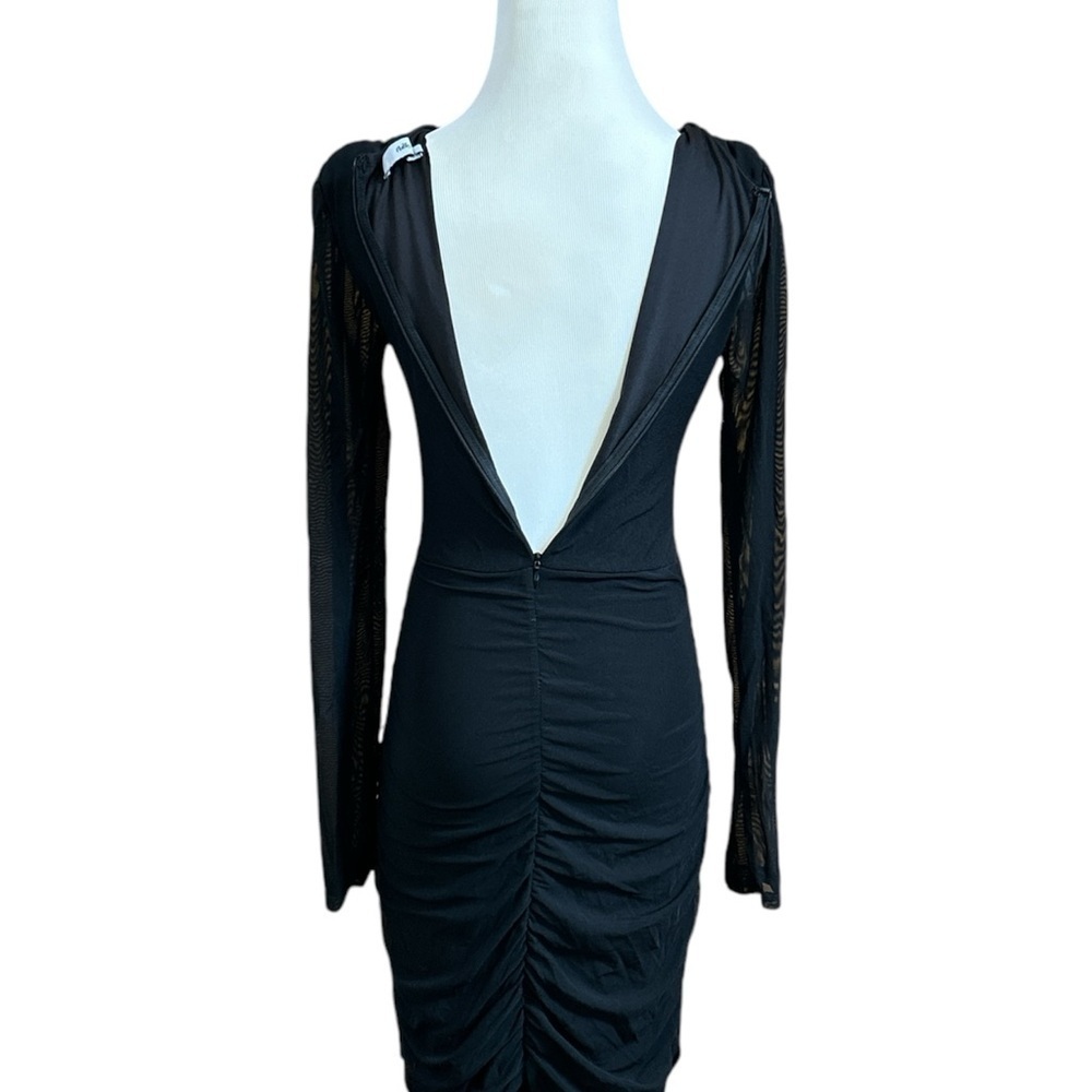 Adika Bodycon Mini Dress Women's Size M Black Stretch Ruched Sheer Sleeve Twist - Picture 5 of 7